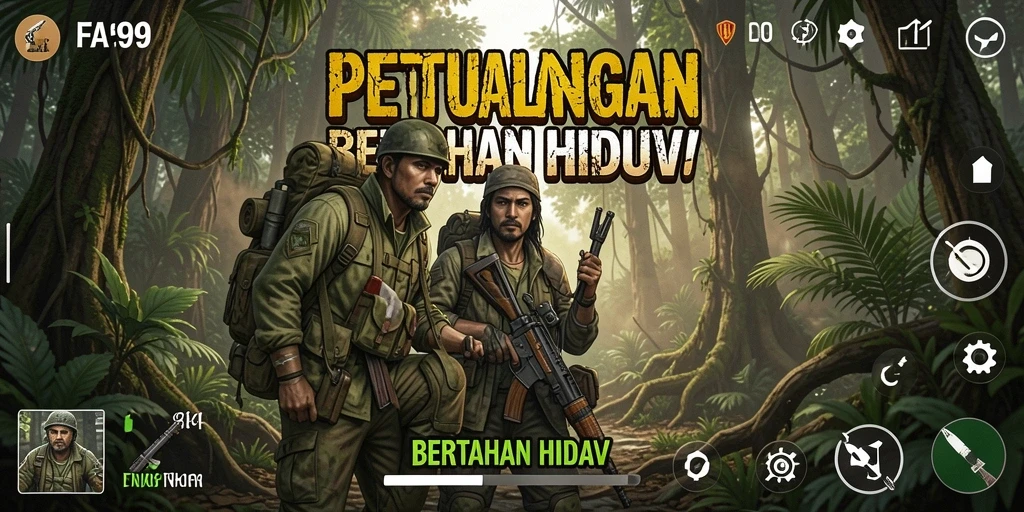 Screenshot antarmuka game FA99 menampilkan aksi bertahan hidup yang seru.