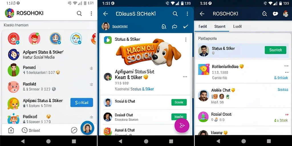 Tampilan antarmuka aplikasi ROSOHOKI dengan berbagai stiker dan status.